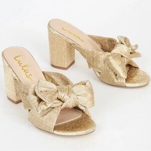 Lulu's Metallic Gold Bow Block Heel Mules